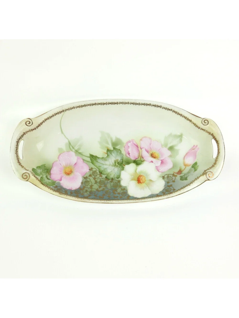 Antique RS Germany Porcelain Celery Dish Relish Tray Hand Painted Flowers Pink
